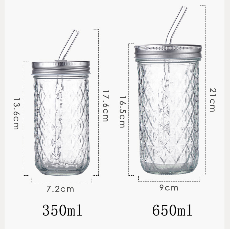 Wholesale Diamond embossed Mason Jug Straw Cup Cafe Clear Minimalist Glass  Water Bottle Mason Jar Manufacturer and Supplier